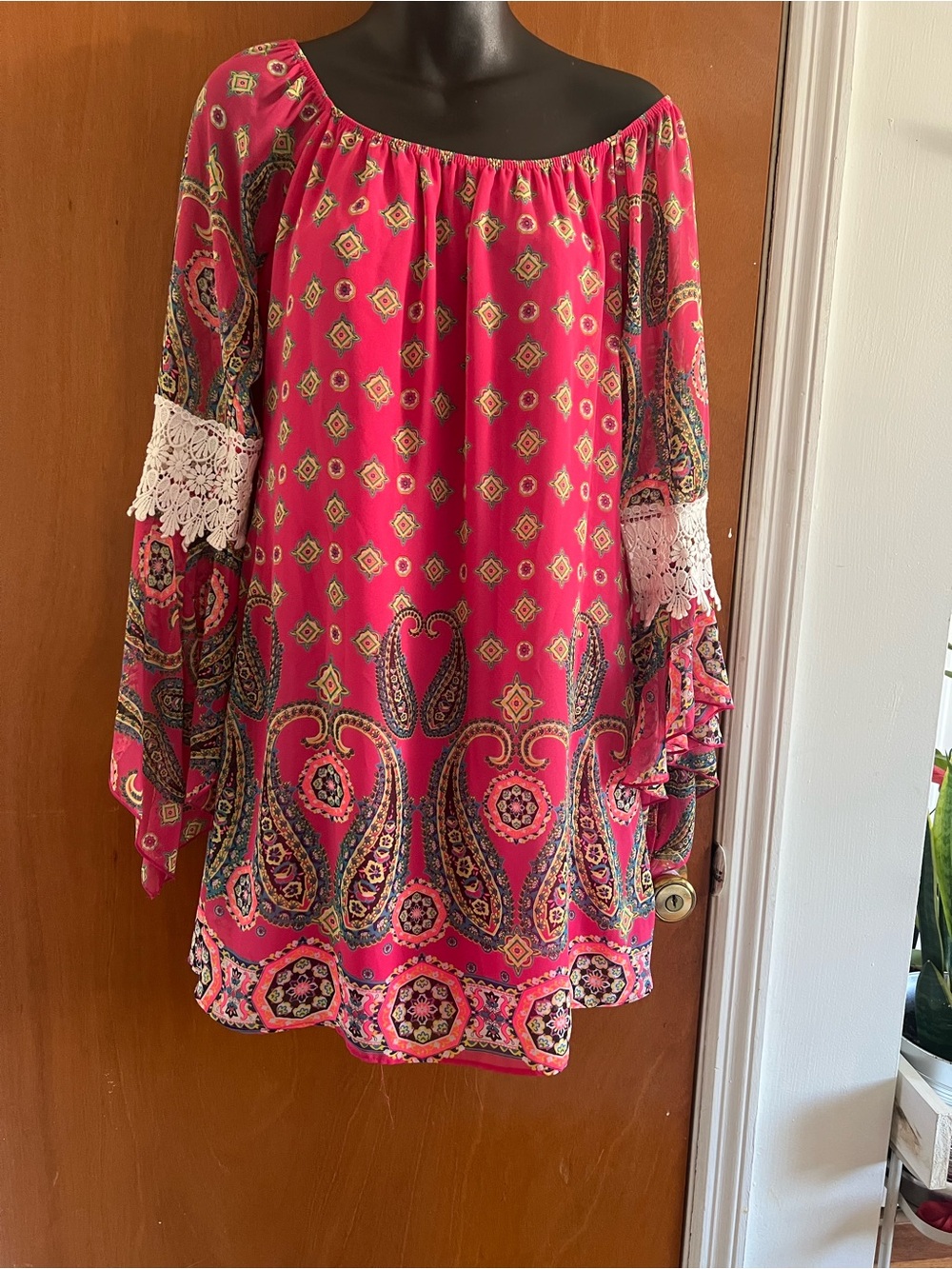 Bohemian Off-Shoulder Pink Paisley Tunic Dress